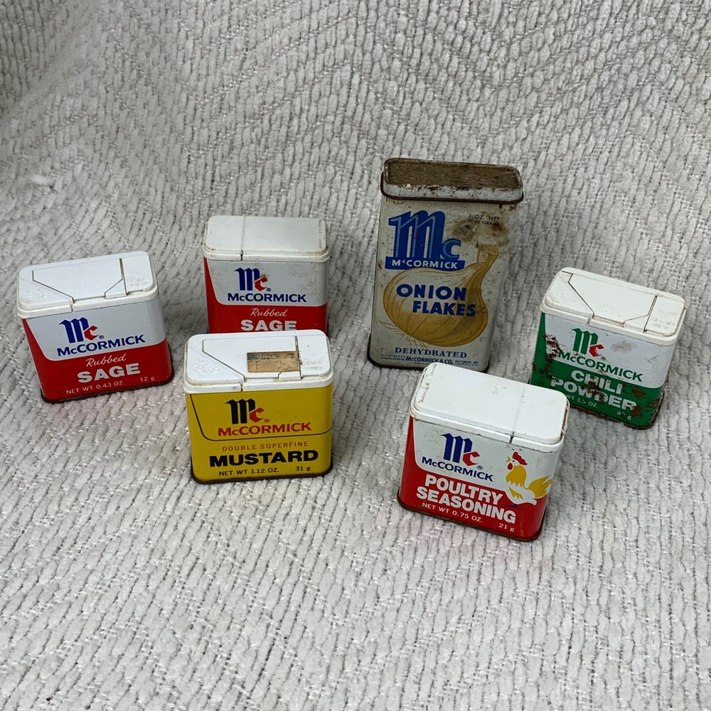 McCormick Spice Tin Lot Vintage Kitchen Decor Sage Mustard Onion Flakes 6pc Set